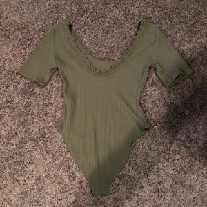 Low-cut, olive, ribbed, lace neck bodysuit
